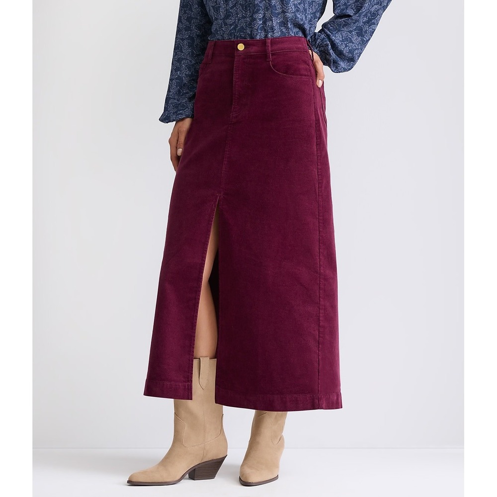 Loft Burgundy Corduroy Maxi Skirt Front Slit Size 10 Burgundy Wine Maroon